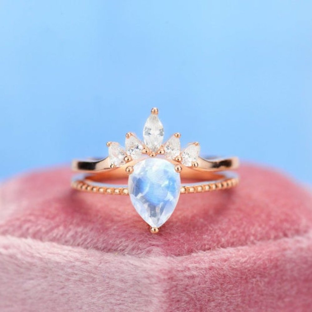 Pear Cut Genuine Moonstone Ring- Two Ring Set